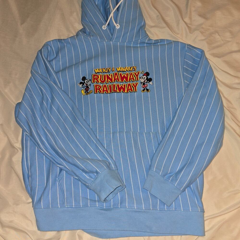 Disney Runaway Railway Light Blue Striped Hoodie with Mickey Mouse Large Pocket